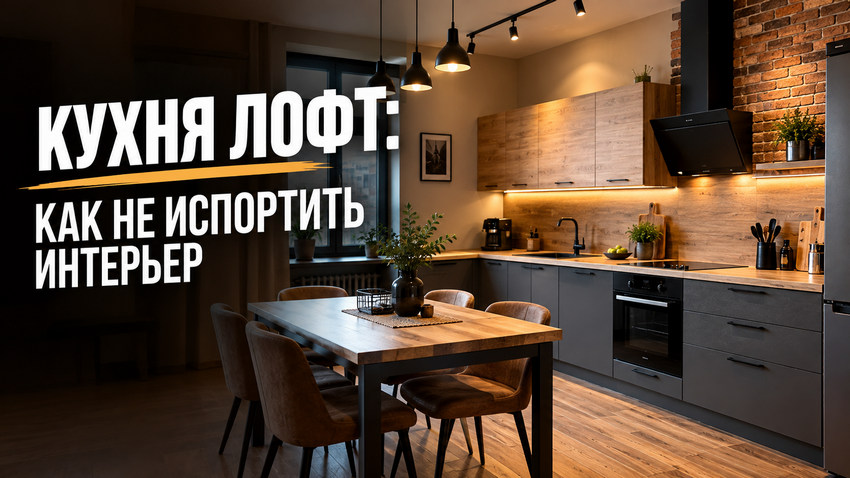 Кухня в стиле лофт в квартире: графитовые фасады, светлое дерево и кирпичный акцент